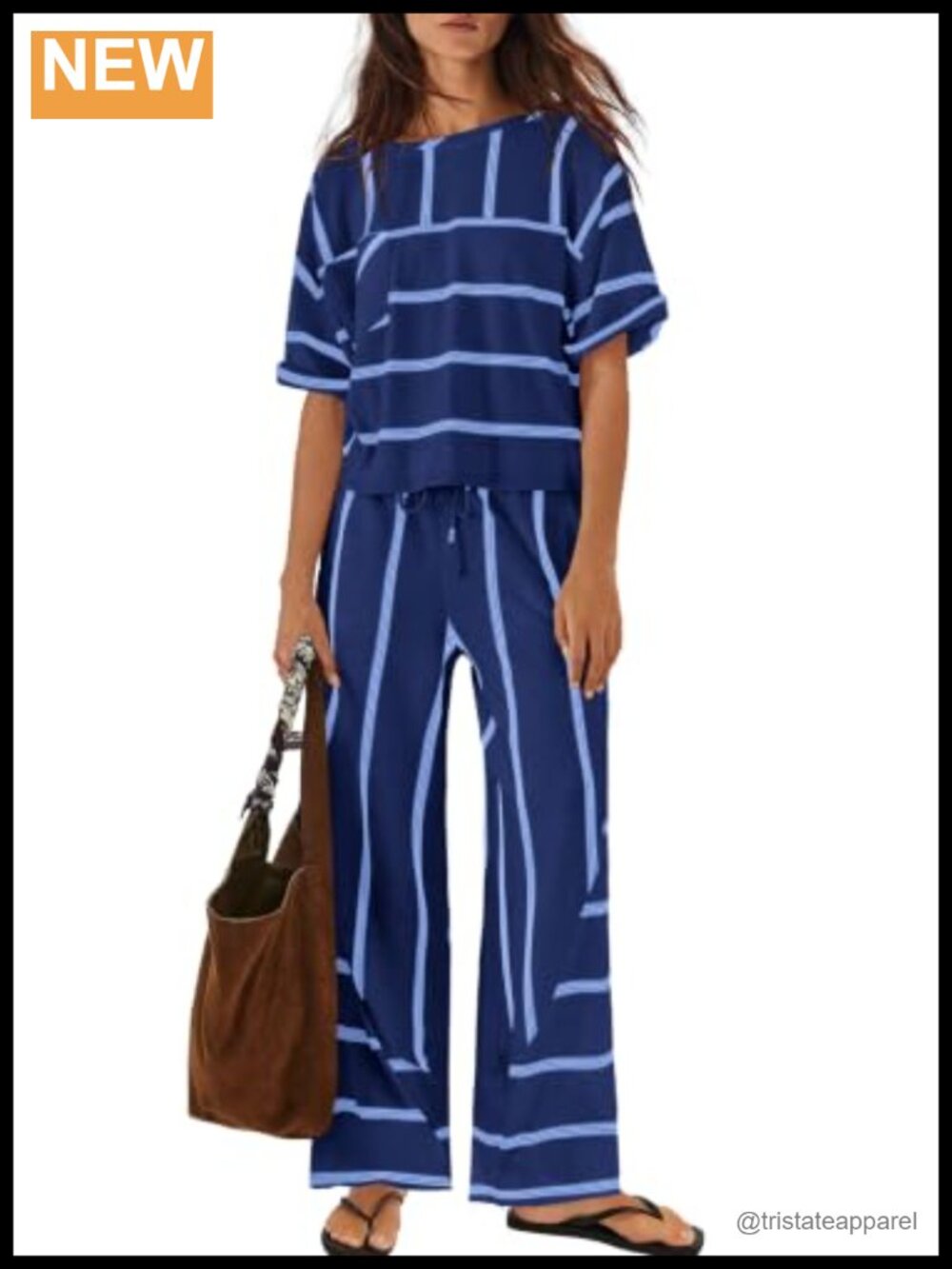 Womens Striped Lounge Set 2 Piece Cotton Blend Wide Leg Pants Vacation